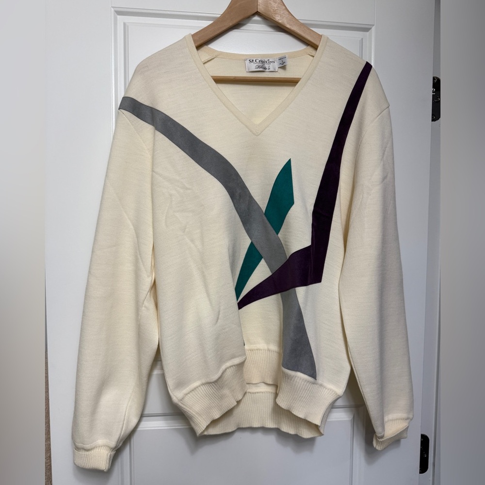 Vintage St. Croix Knits Cream V-Neck Sweater Velvet Appliqué Geometric 80s Sze L